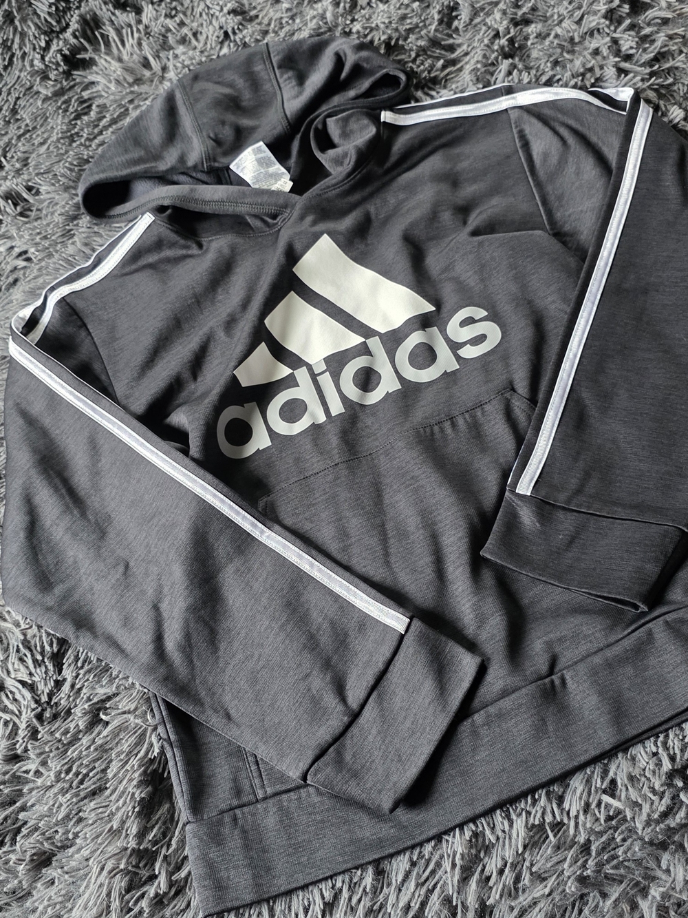 adidas Black Hoodie with White Logo and Shoulder Stripes